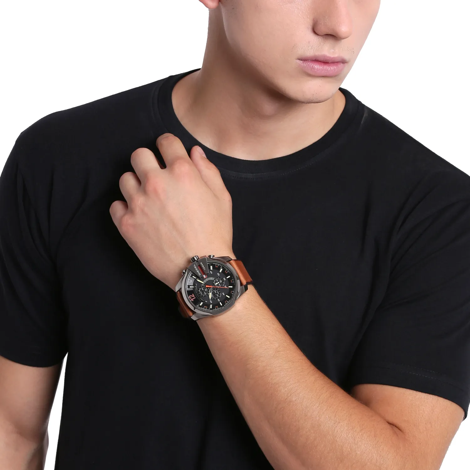 Diesel DZ4343 นาฬิกาผู้ชาย Diesel รุ่น DZ4343, Mega Chief Black Dial Brown Leather Men's Watch