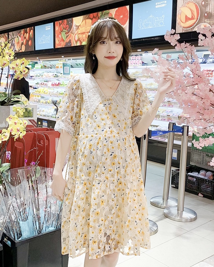 เดรสคลุมท้องแฟชั่น ปกใหญ่ ผ้าลูกไม้มีซับใน ปลายแขนและปก แต่งด้วยลูกไม้ ผ้าสวยใส่สบาย M L XL XXL