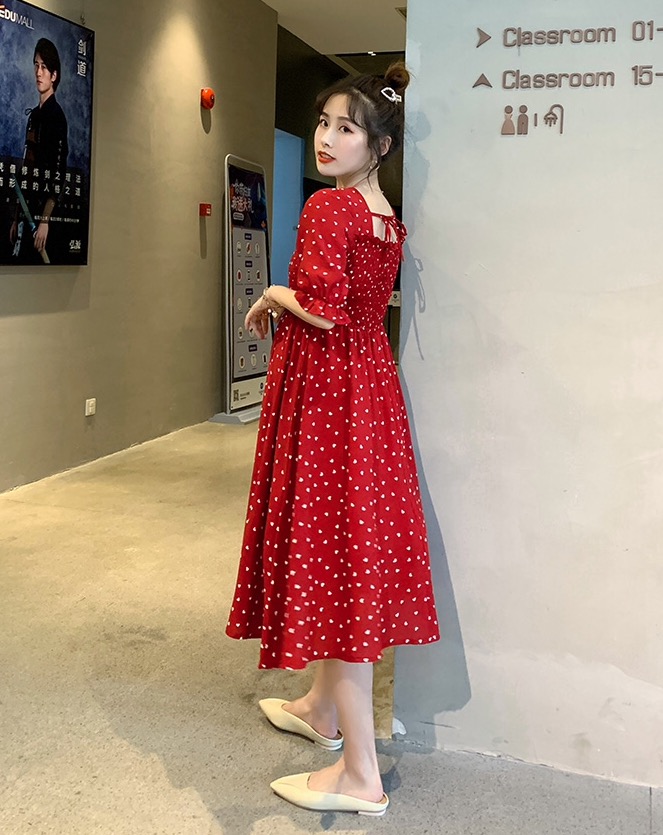 เดรสคลุมท้องแฟชั่น ช่วงอกสม๊อค แขนสั้น เนื้อผ้าทำย่นน่ารัก M L XL XXL