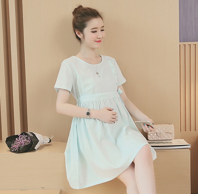 ชุดคลุมท้อง ผ้าเบาสบาย เชือกรูดผูกข้าง ประดับกระดุมข้าง สีฟ้า M,L,XL,XXL