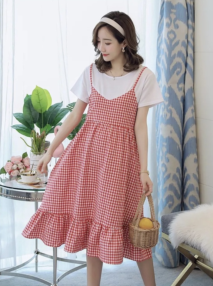 ชุดคลุมท้องแฟชั่นแขนสั้น เอี๊ยมหลอกเย็บติดเป็นชุดเดียวกัน น่ารัก ผ้านิ่มมาก M L XL XXL 3XL 4XL