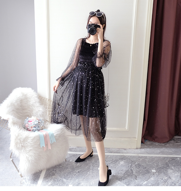 เดรสคลุมท้องแฟชั่นแขนซีทรู ช่วงอกสม๊อค ประดับด้วยดาวฟรุ้งฟริ้ง มีซับใน น่ารักมาก M L XL,XXL