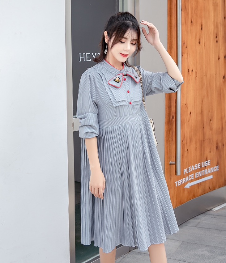 เดรสคลุมท้องแฟชั่นแขนยาว อัดพรีทสวย แขนยาว มีโบว์ที่คอ ใส่ได้ถึงคลอด M L XL,XXL