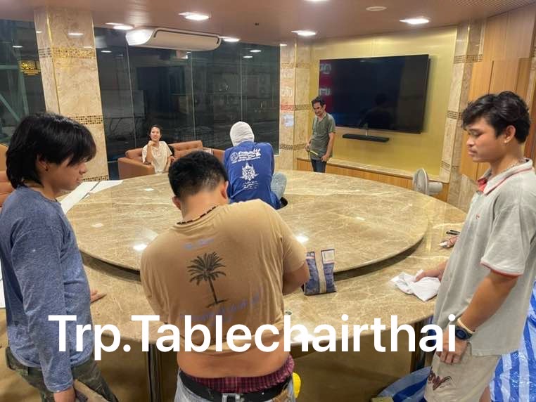 Trp.ทีอาร์พี Round Table 圆桌会议 餐桌 中式餐桌 配有旋转镜组 โต๊ะกลมหินอ่อน 340 ซม. 20 ที่นั่ง จานหมุน 260 ซม.พร้อม Lazysusan เลซี่ซูซาน จานหมุน ระบบหมุนด้วยไฟฟ้าแบตเตอรี่แบบชาร์ท มีรีโมทกดเดินหน้า ถอยหลัง เร่งหมุนเร็วหรือช้าได้