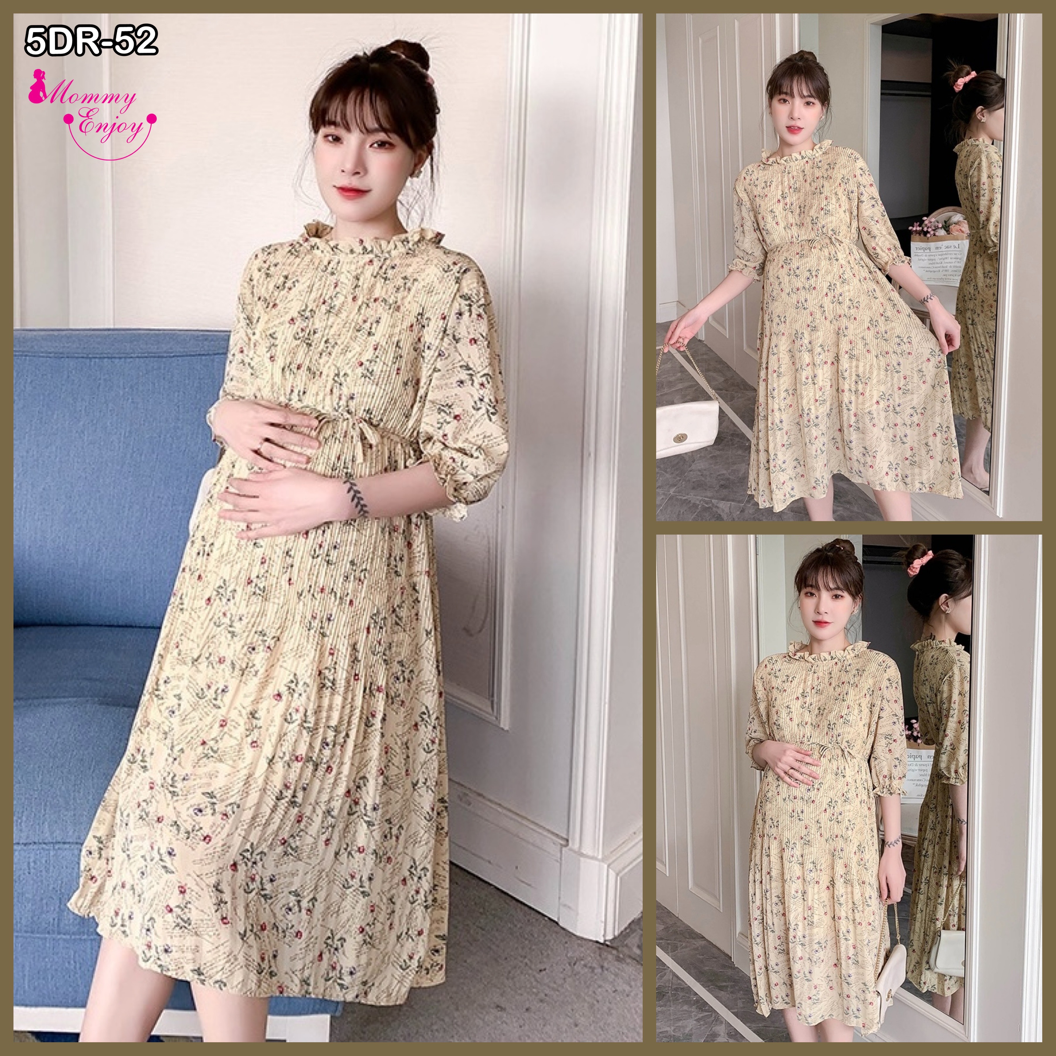 เดรสคลุมท้องแฟชั่น แขนจั้ม3ส่วน ผ้าชีฟองอัดพรีทเล็กช่วงบน สวยมาก มีซับใน มีเชือกผูกอิสระ M L XL XXL