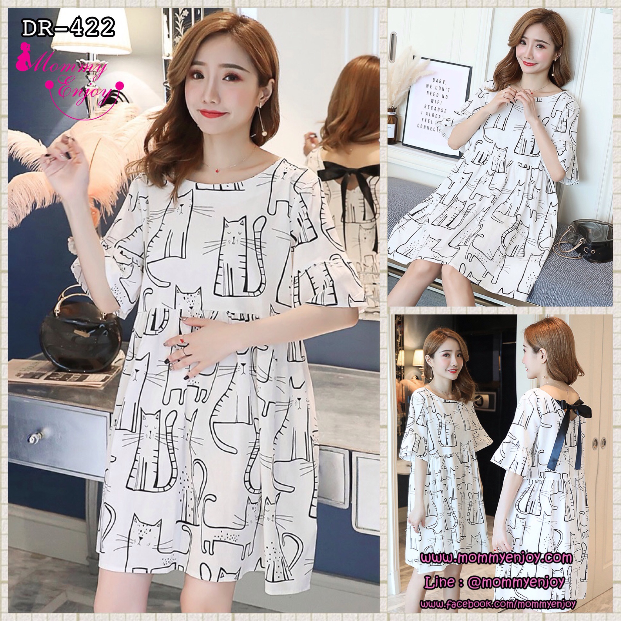 เดรสคลุมท้องแฟชั่นสไตล์เกาหลี ผ้าcotton ลายแมว แขนระบาย ผูกโบว์น่ารักมาก M L XL,XXL