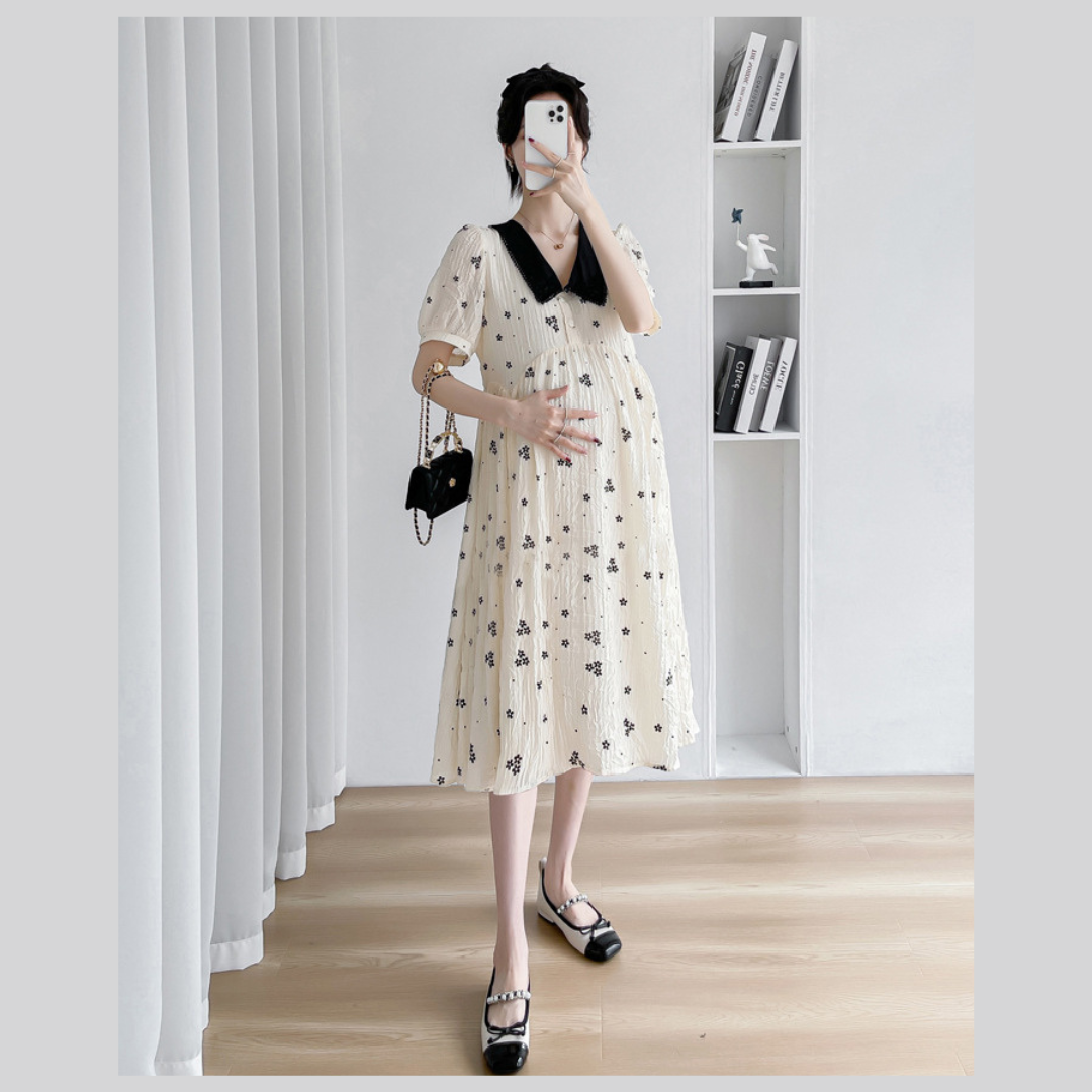 ชุดคลุมท้องแฟชั่นเกาหลี อัดพรีท คอปก กระดุมเปิดให้นมได้ ลายดอกไม้ น่ารักใส่สบาย มีซับใน M L XL XXL