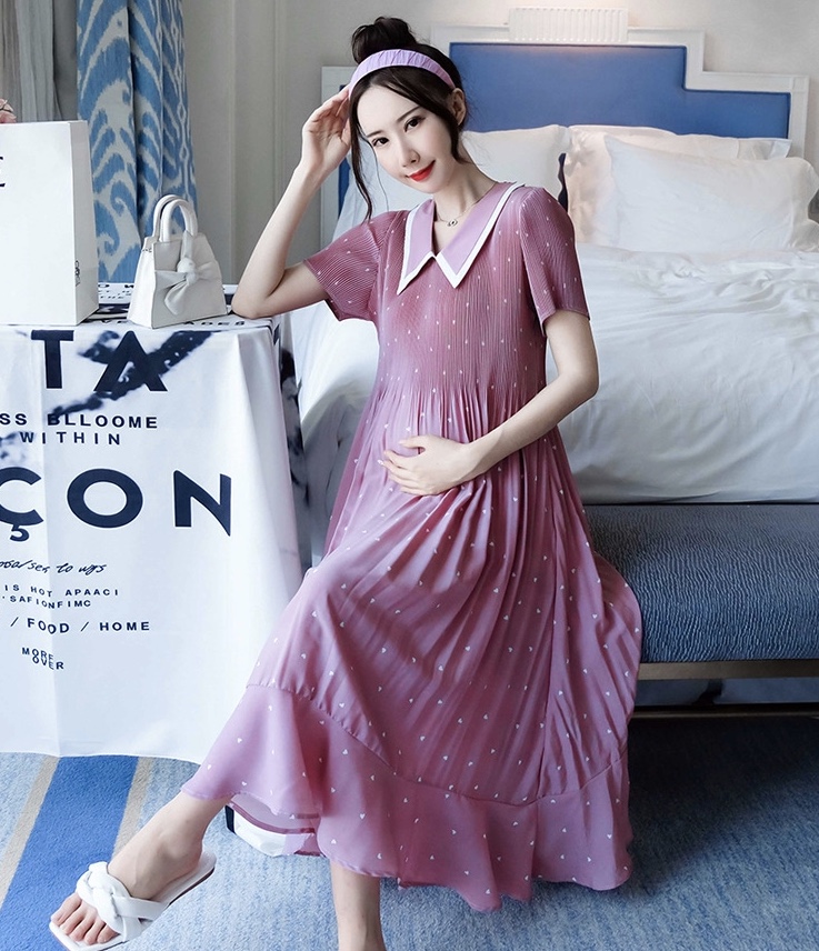 เดรสคลุมท้องแฟชั่น ผ้าชีฟองคอปก อัดพรีท มีซับใน ชุดยาว น่ารัก สีสวย M L XL XXL