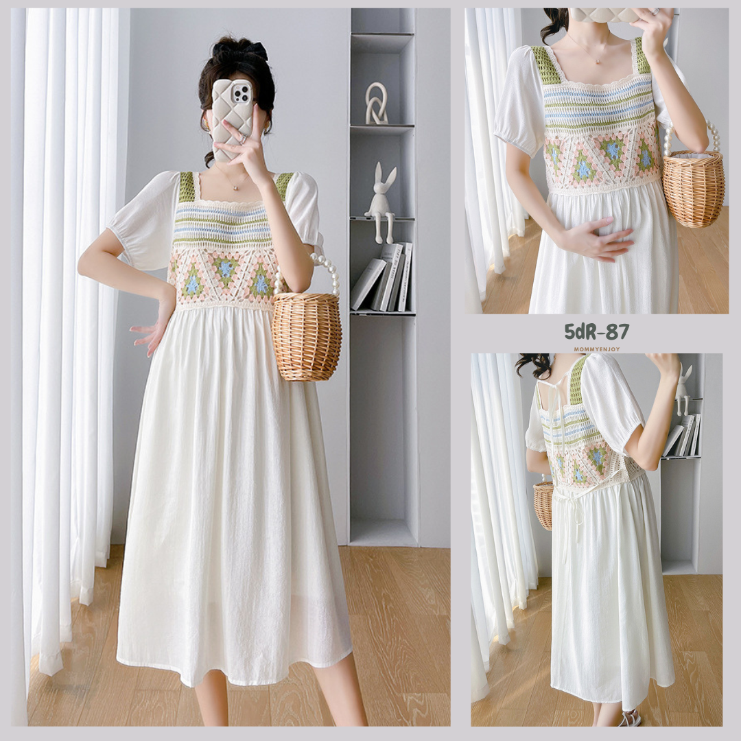 ชุดคลุมท้องแฟชั่นเกาหลี ช่วงอกไหมพรมโครเชต์ ลายน่ารัก ช่วงอื่นเป็นผ้าชีฟอง เบาสบายใส่แล้วไม่ร้อน มีซับใน M L XL XXL