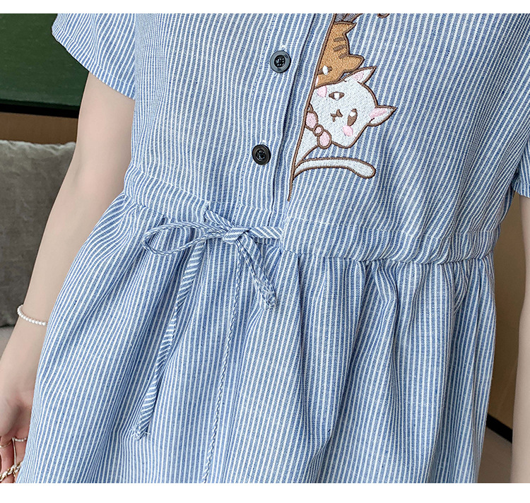 เดรสคลุมท้องแฟชั่นคอปกแขนสั้น ผ้าฝ้ายเหมียวน้อยน่ารัก ผ้าลายสวย มีเชือกปรับขนาดครรภ์ได้ กระดุมเปิดให้นมก็ได้ M L XL XXL