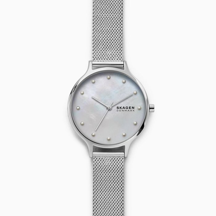 Skagen SKW2775 นาฬิกาผู้หญิง Anita Mother-of-Pearl Silver-Tone Steel-Mesh Quartz Women's Watch