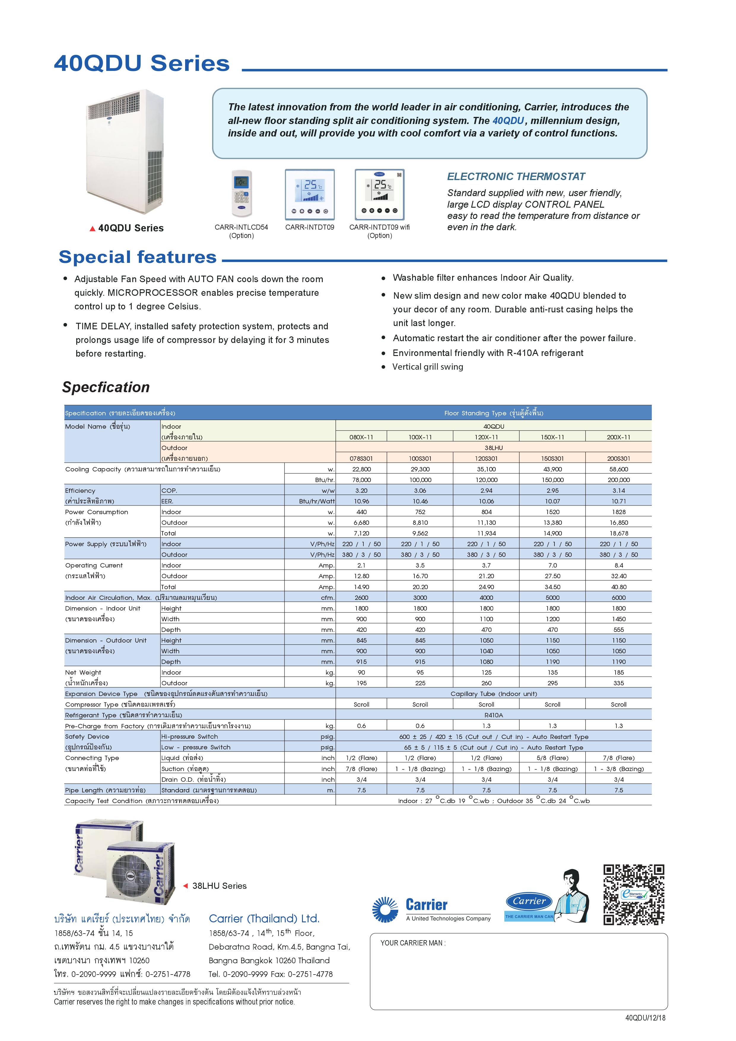 แอร์ CARRIER แบบตู้ตั้งพื้น ขนาด 200,000 BTU รุ่น 40QDU200X-11FW/38LHU200S301 (FIXED SPEED)(40QDU SERIES)