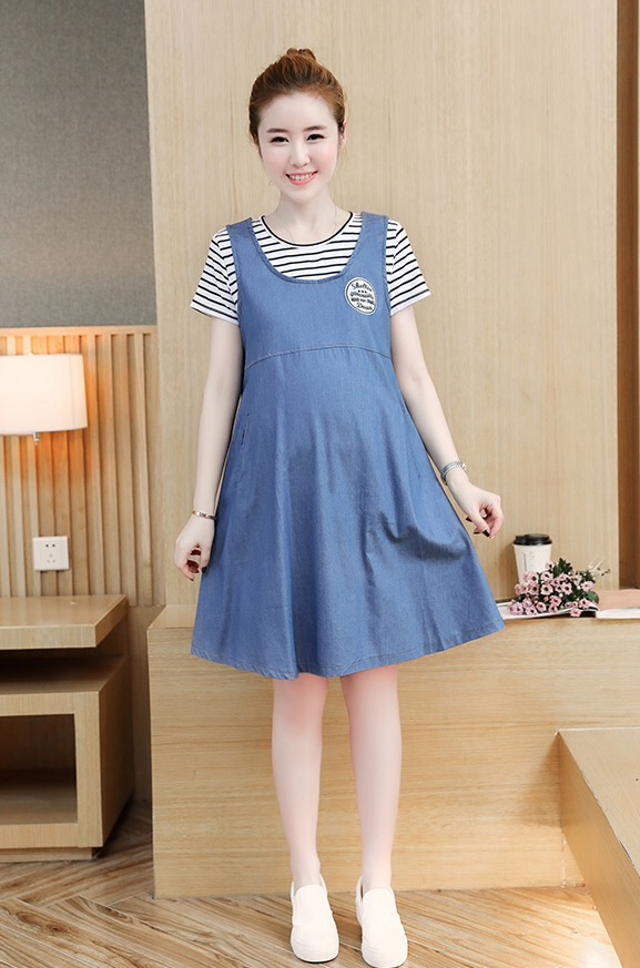 ชุดคลุมท้องสไตล์เกาหลี เอี๊ยมหลอก ชุดผ้ายีนส์นิ่ม เย็บติดกับผ้าลายcotton น่ารักใส่ง่าย M L XL XXL