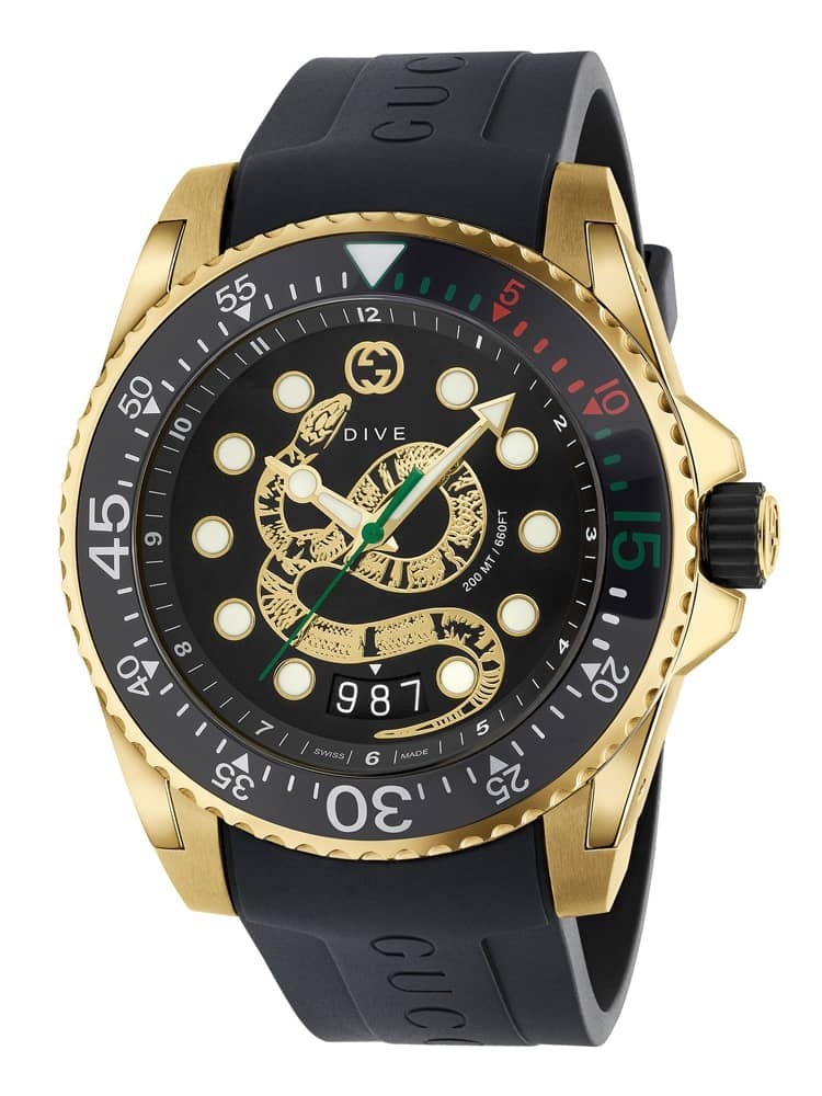Gucci YA136219 นาฬิกา Dive Gold Snake Rubber Strap 45mm Men's Watch