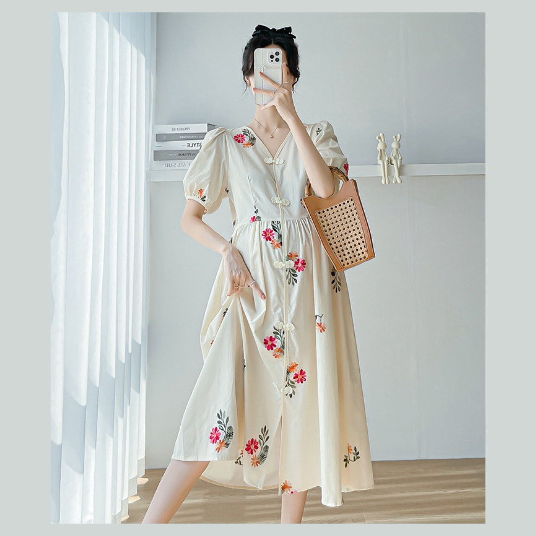 ชุดคลุมท้องแฟชั่นเกาหลี คอวีแขนตุ๊กตา ผ้าปักลายดอกไม้ กระดุมหลอก มีซับในเต็มชุด เนื้อผ้าดีมีน้ำหนัก ใส่สบาย M L XL XXL
