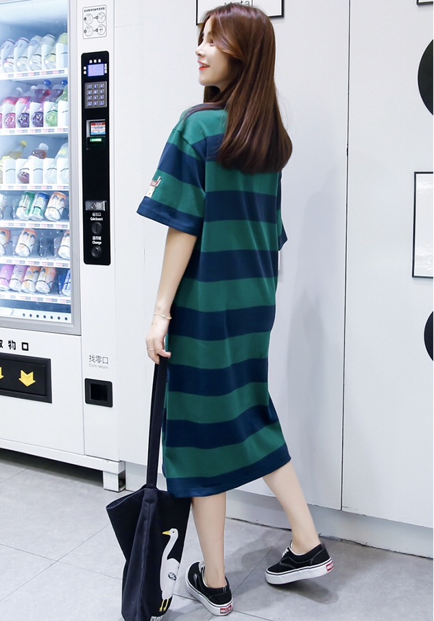 เดรสคลุมท้องแฟชั่นเกาหลี ผ้ายืดเนื้อดีนุ่มและนิ่มมา มีกระเป๋าข้าง ใส่ได ถึงคลอด