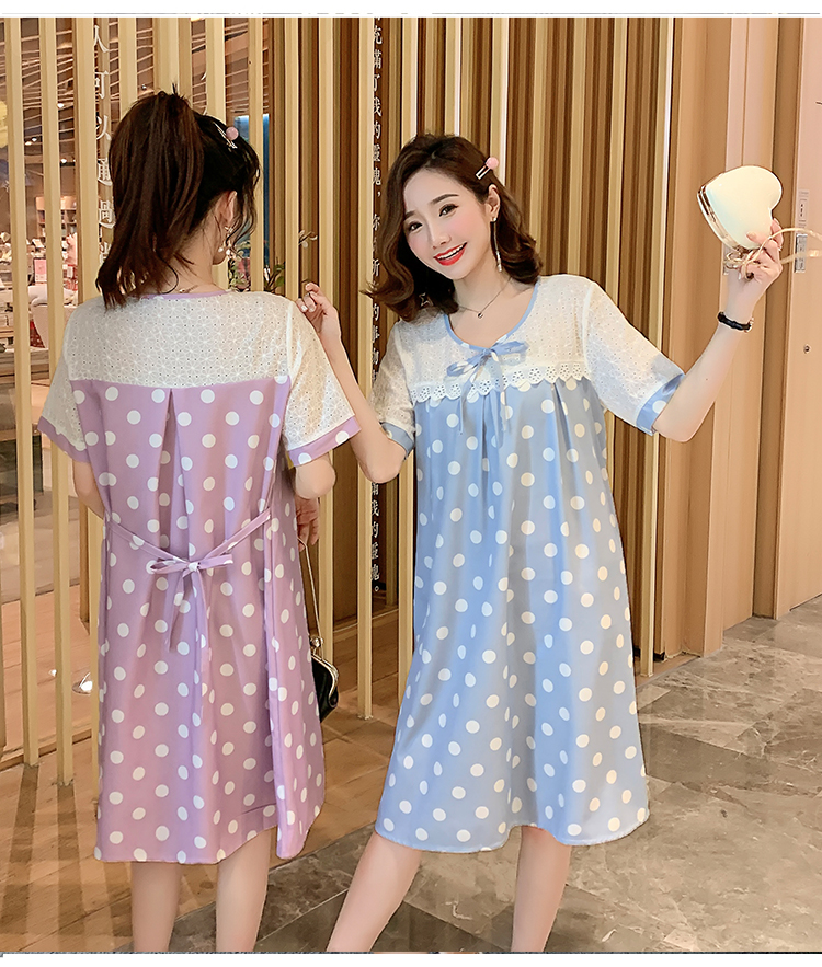 เดรสคลุมท้องแฟชั่น ช่วงบนประดับลูกไม้ ผ้าพิมพ์ลายจุด รอบท้องขยายได้เยอะ M L XL XXL