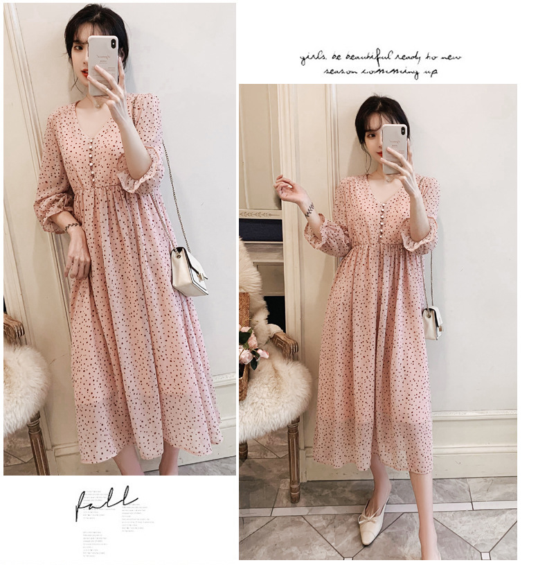 เดรสคลุมท้องแฟชั่น ผ้าชีฟองลายจุด แขน4 ส่วน ทำระบายปลายแขน ผ้านิ่ม มีซับใน ใส่สบายถึงคลอด M L XL XXL