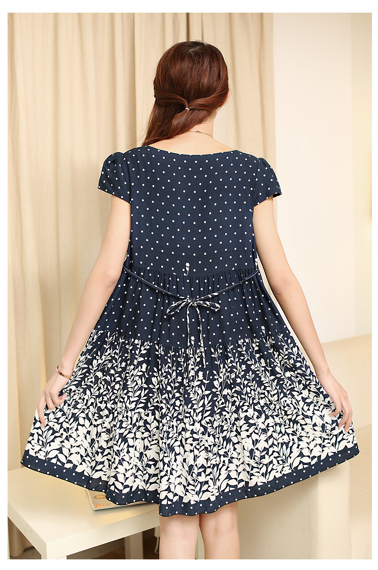 เดรสคลุมท้อง น้ำเงินจุดขาว ด้านล่าลายใบไม้ ใสๆน่ารัก มีเชือกปรับขนาดครรภ์ M,L,XL,XXL