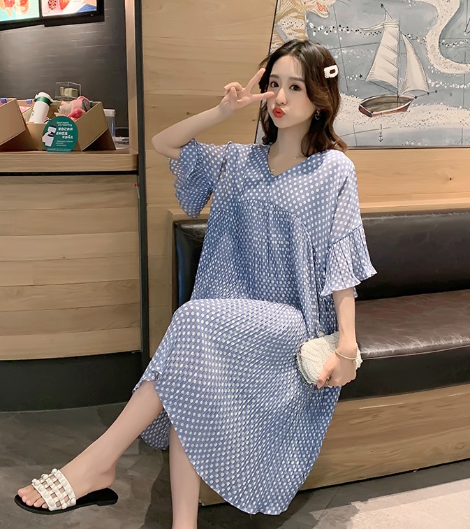 เดรสคลุมท้องแฟชั่นผ้าชีฟอง อัดพรีท ลายจุดน่ารักลงตัว แขนระบาย รอบท้องใหญ่ใสได้ถึงคลอด M L XL XXL