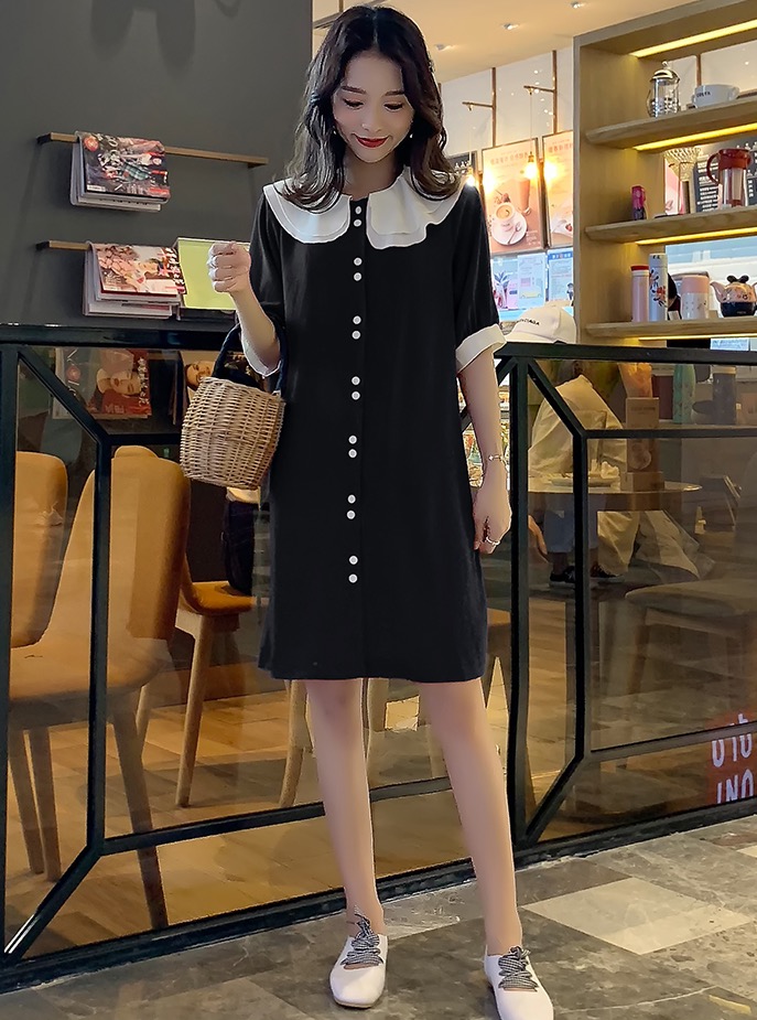 เดรสคลุมท้องแฟชั่น ทรงตุ๊กตา คอบัว กระดุมเปิดให้นมได้ ช่วงปก ทำย่นเพิ่มความน่ารัก M L XL XXL