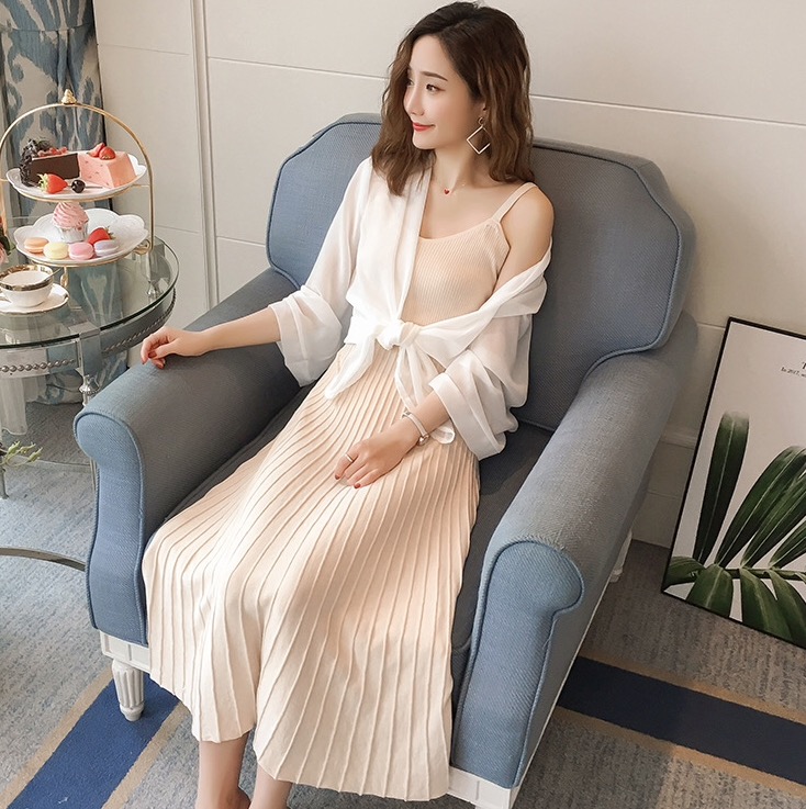 เดรสคลุมท้องแฟชั่นพร้อมเสื้อคลุม ผ้ายืดเนื้อนิ่ม ผ้าทิ้งตัว ทำลายด้านล่าง