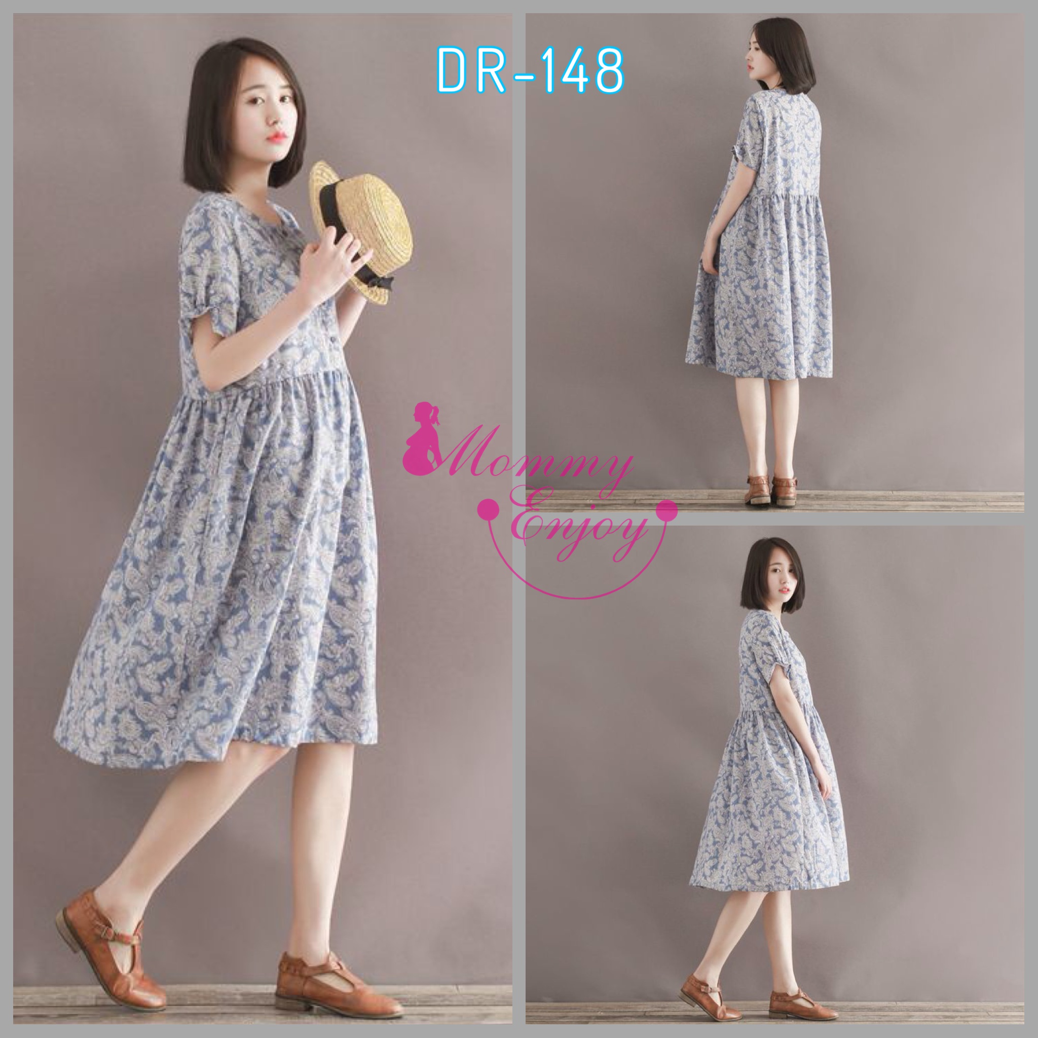 ชุดคลุมท้อง ลายวิเทจ ผ้าชีฟอง น่ารัก ใส่บาย มีซับใน M,L,XL,XXL