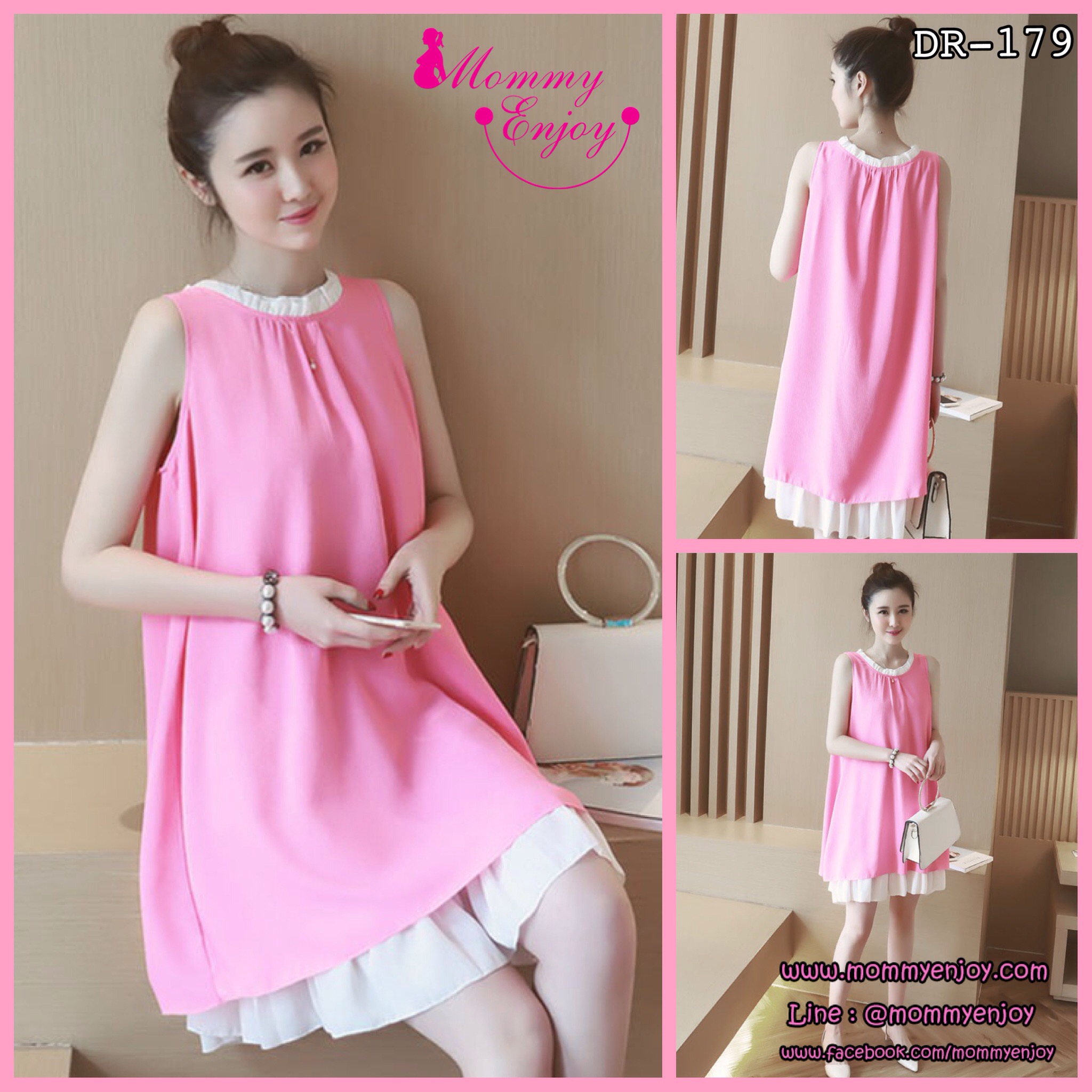 เดรสคนท้องเกาหลี ผ้าชีฟองลาย มีซับใน ต่อระบายที่คอและปลายเดรส M,L,XL,XXL