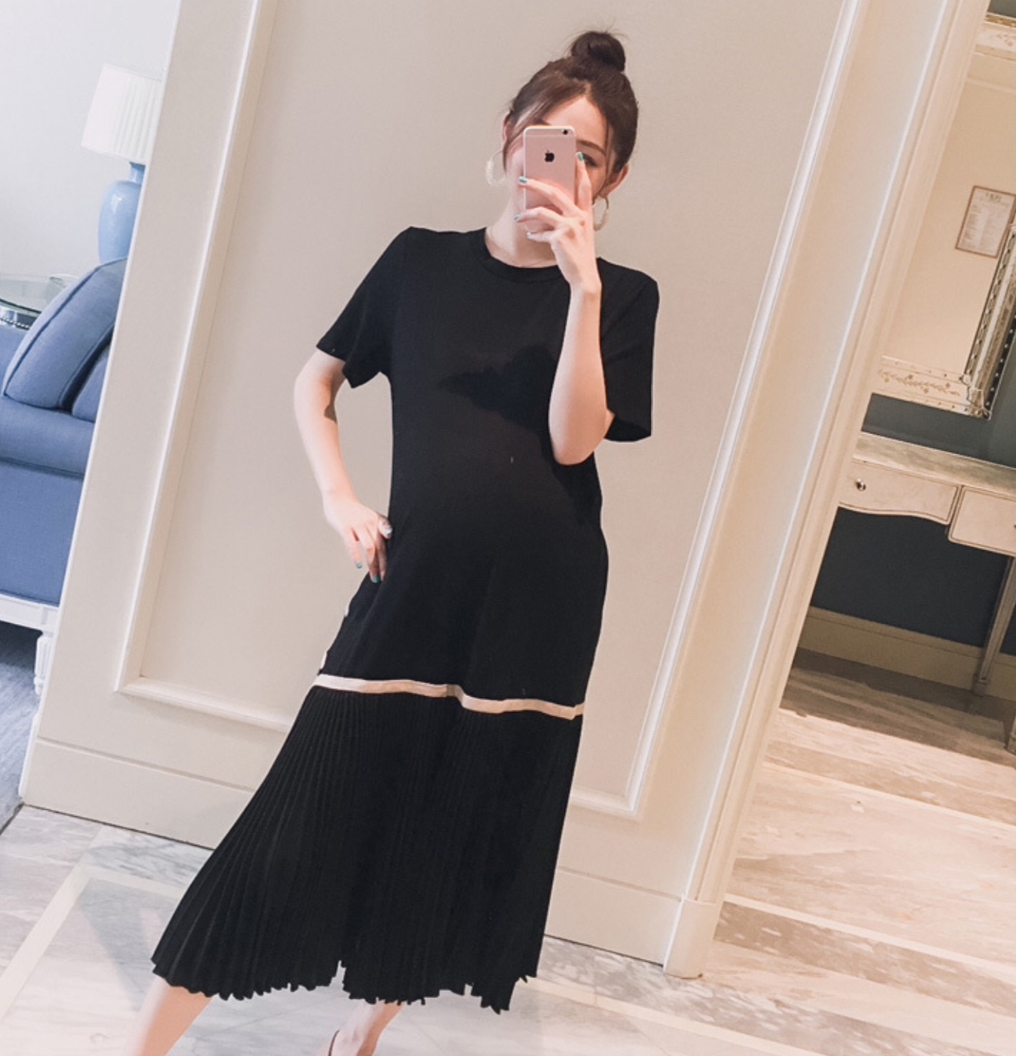 เดรสคลุมท้องแฟชั่น ช่วงบนเป็นผ้ายืดเนื้อนิ่ม ใส่สบาย ช่วงล่างตัดเส้น เป็นชีฟองอัดพรีท M L XL XXL