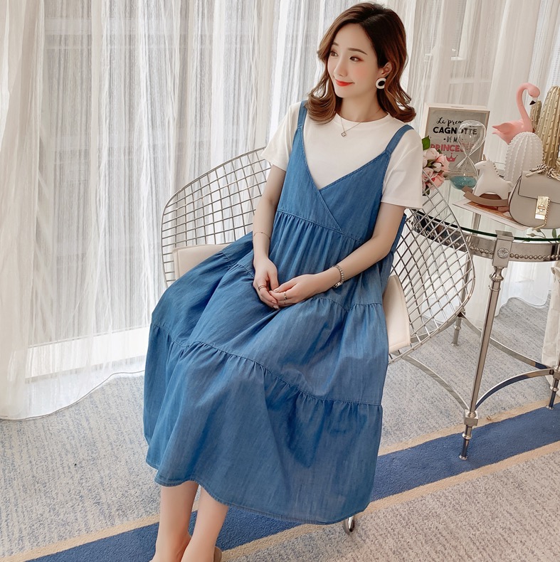 เอี๊ยมกระโปรงคลุมท้องผ้ายีนส์ +เสื้อยืดคอกลม เอี๊ยมยีนส์เนื้อนิ่ม ใส่สบาย ใส่ได้ถึงคลอด M L XL XXL