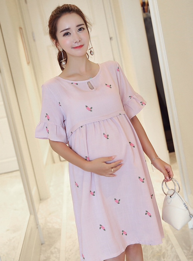 ชุดคลุมท้องเปิดให้นมแฟชั่น ผ้าลินิน แขนระบาย เปิดให้นมแนวนอน มีเชือกผูกหลังน่ารักค่ะ M,L,XL,XXL