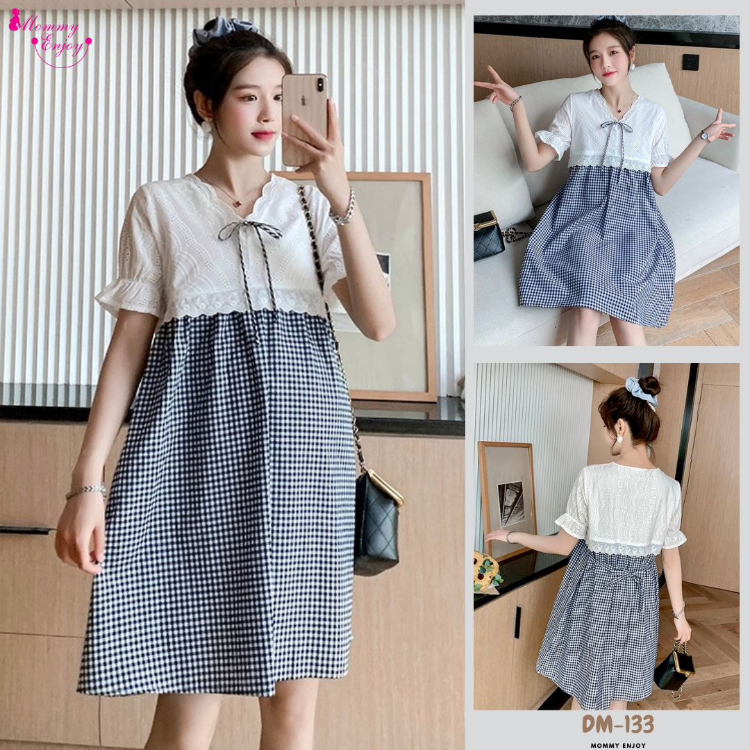 ชุดคลุมท้องเปิดให้นม ผ้าฝ้าย เปิดให้นม มีเชือกปรับขนาดครรภ์ ช่วงบนเป็นลูกไม้สวยลงตัว M L XL XXL