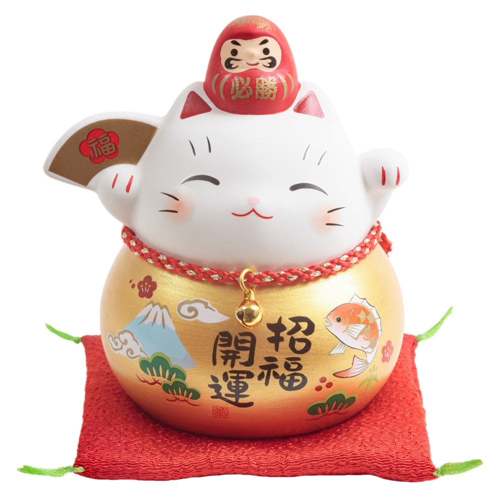[พร้อมส่ง] แมวกวักญี่ปุ่น แมวสีขาว ตัวสีทอง ดารุมะสีแดง Size 9 cm แมวกวักนำโชค งานแฮนด์เมดญี่ปุ่น Lucky Cat Japan Handmade นำเข้าจากญี่ปุ่น