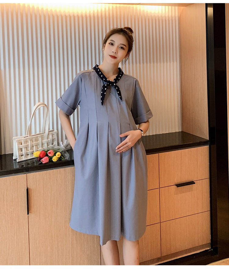 เดรสคลุมท้องแฟชั่นเกาหลี ผ้าฝ้าย ช่วงท้องระบายได้เยอะ ใส่ได้ถึงคลอด ผูกโบว์ที่คอ สวยน่ารักสุภาพ M L XL XXL