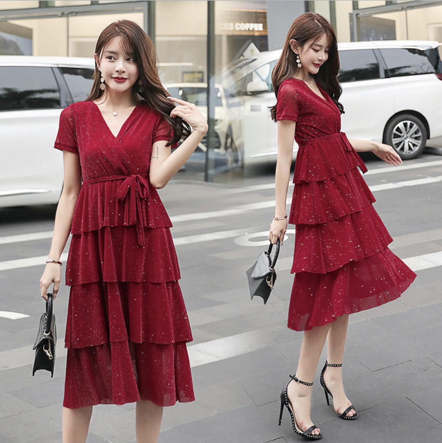 เดรสคลุมท้องแฟชั่น ผ้าตาข่ายมีซับใน มีเชือกผูก ใส่สวยดูหรูสไตล์เกาหลี ฟรุ้งฟริ้งสวยงามมาก M L XL XXL