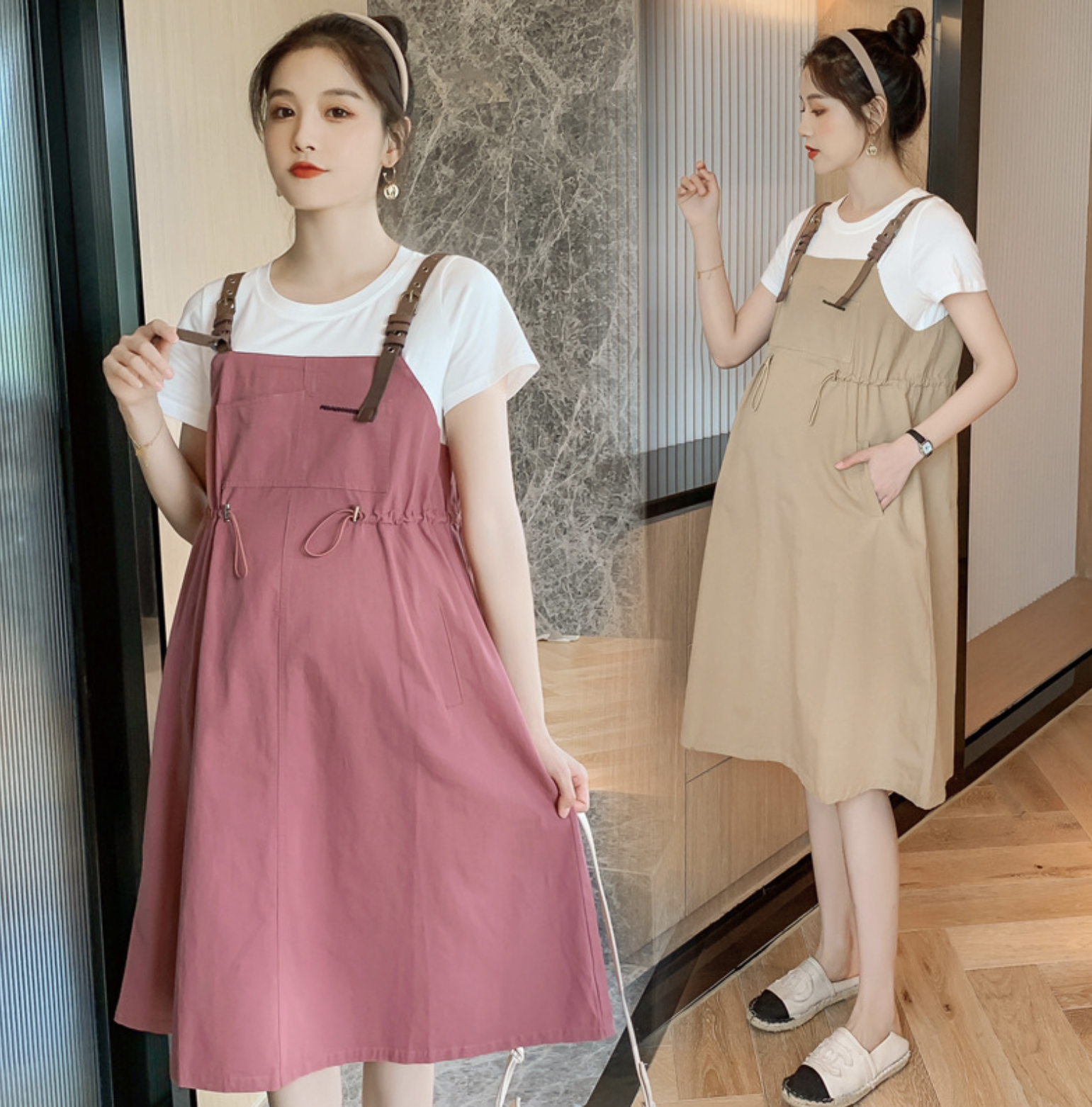 เดรสคลุมท้องแฟชั่นเอี๊ยมหลอก สายหนัง มีกระเป๋าข้าง ช่วงท้องปรับขนาดได้ สีและแบบสวยมาก M L XL XXL