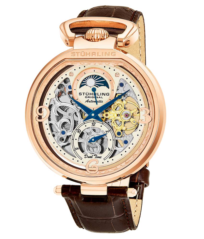 Stuhrling Original 889.03 นาฬิกาผู้ชาย Modena Automatic Dual Time Skeleto Leather Strap Men's Watch