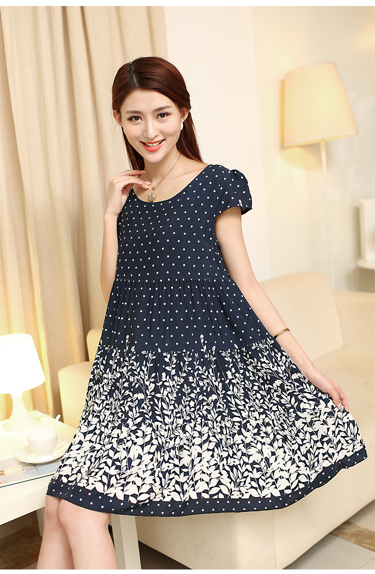 เดรสคลุมท้อง น้ำเงินจุดขาว ด้านล่าลายใบไม้ ใสๆน่ารัก มีเชือกปรับขนาดครรภ์ M,L,XL,XXL