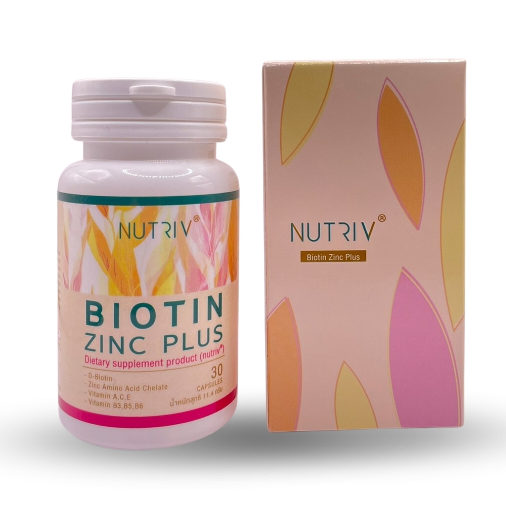 NUTRIV Biotin Zinc Plus (นูทรีฟ ไบโอติน ผสม ซิงค์ พลัส) อาหารเสริมบำรุงเส้นผม ลดผมร่วง 30 แคปซูล