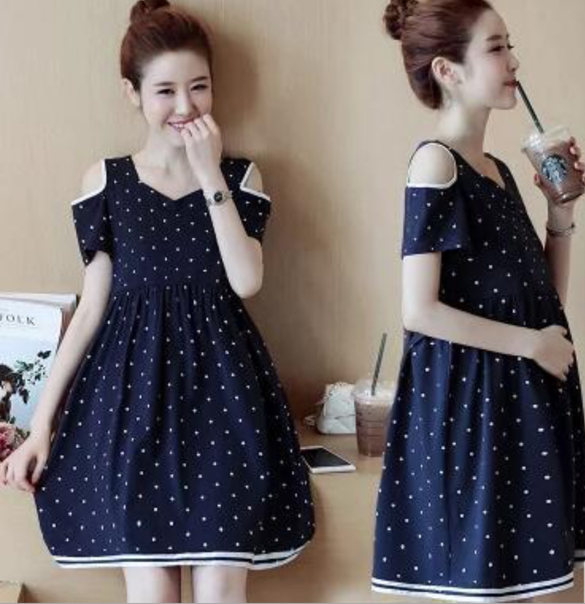 เดรสคนท้องเปิดไหล่ ใส่สบายผ้าเย็น เนื้อละเอียด สีน้ำเงิน navy blue น่ารักมากค่ะ M,L,XL,XXL