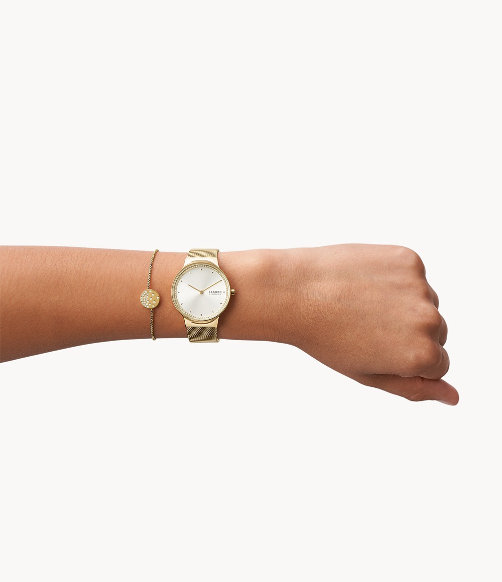 Skagen SKW1148 นาฬิกาผู้หญิง Skagen รุ่น SKW2837, Freja Two-Hand Gold-Tone + Box Set Quartz Women's Watch
