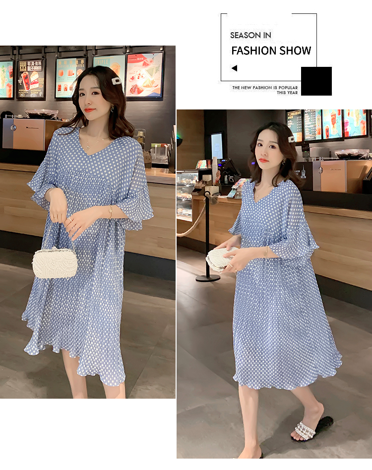 เดรสคลุมท้องแฟชั่นผ้าชีฟอง อัดพรีท ลายจุดน่ารักลงตัว แขนระบาย รอบท้องใหญ่ใสได้ถึงคลอด M L XL XXL