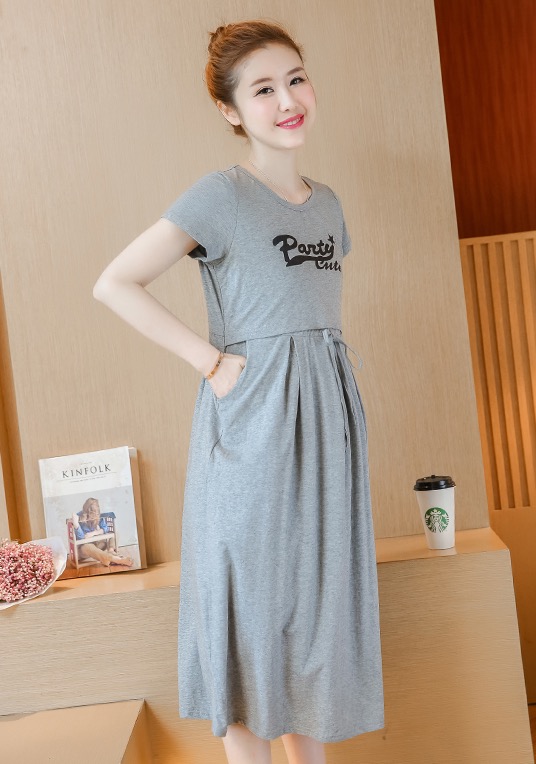 เดรสคลุมท้องแฟชั่นเปิดให้นม ผ้ายืดนิ่มมาก เปิดให้นมแบบง่าย มีเชือกปรับขนาดด้านหน้า