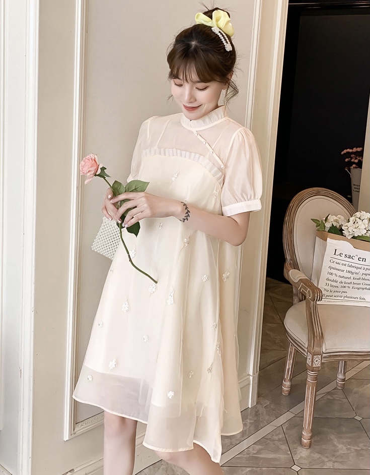 เดรสคลุมท้องแฟชั่นเกาหลี คอจีน ช่วงบนซีทรูแต่งระบาย แขนตุ๊กตา มีซับใน น่ารักเกินร้อย M L XL XXL