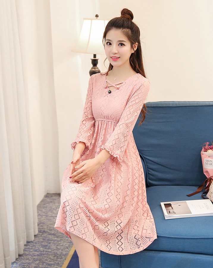 ชุดคลุมท้องเกาหลี ผ้าฉลุลายสวยมาก ประดับลูกไม้ แขน4 ส่วน ซับในทั้งชุด M,L,XL,XXL