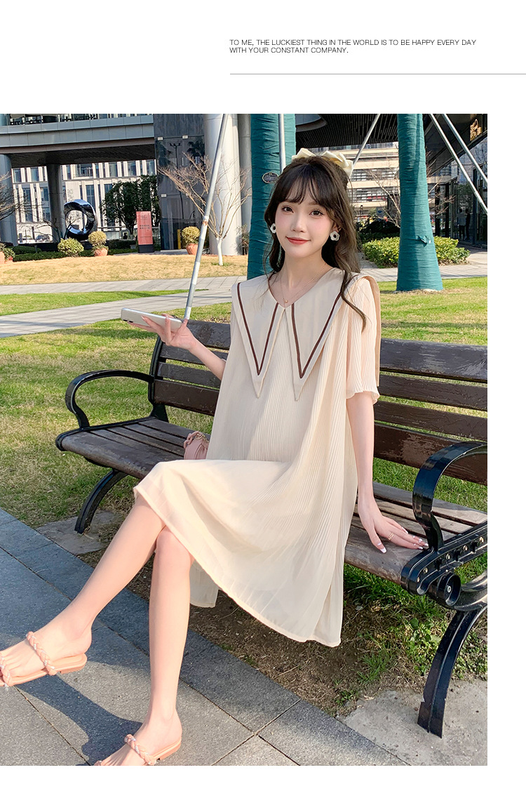 เดรสคลุมท้องแฟชั่นเกาหลี ปกกะลาสีเรือ ผ้าชีฟองอัดพรีท มีซับใน ชุดสวยเนื้อดีมาก M L XL XXL