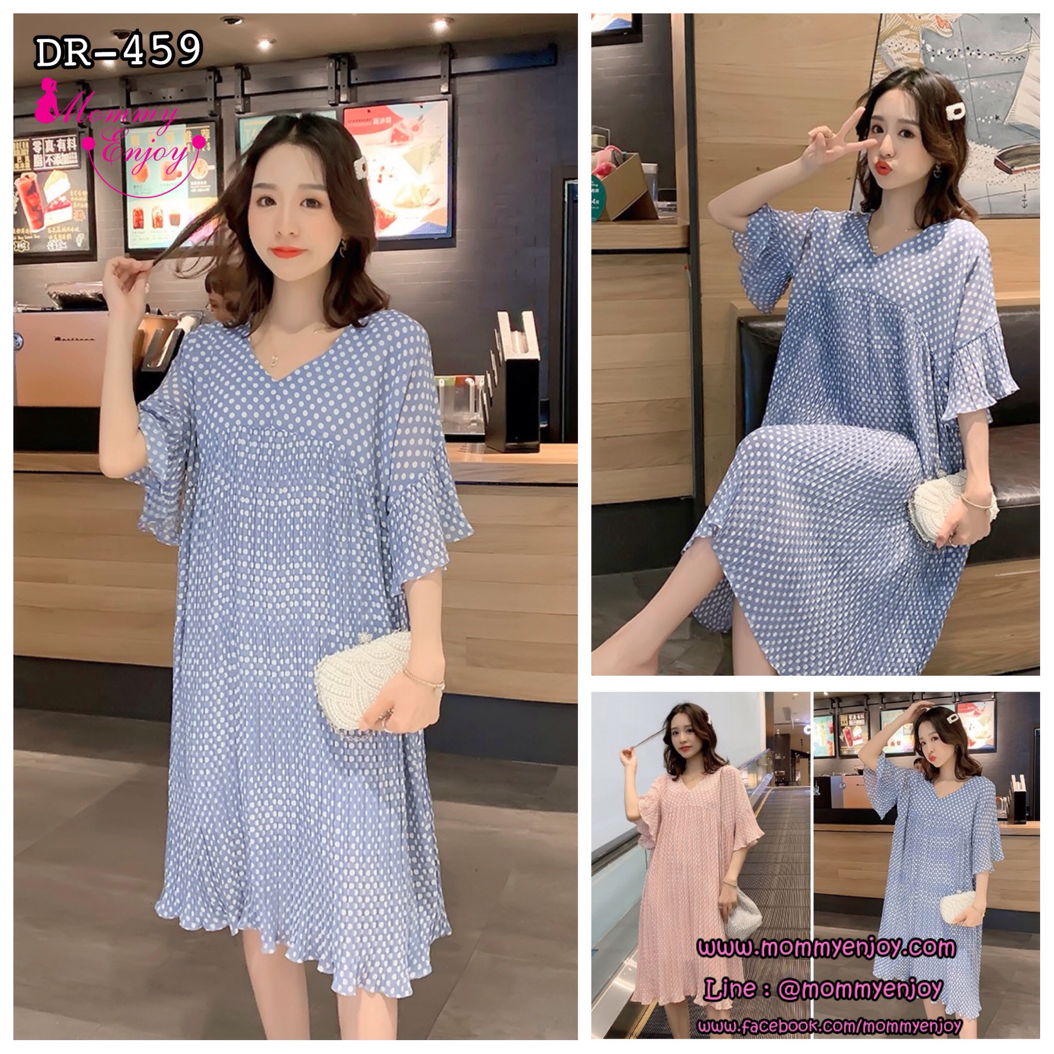 เดรสคลุมท้องแฟชั่นผ้าชีฟอง อัดพรีท ลายจุดน่ารักลงตัว แขนระบาย รอบท้องใหญ่ใสได้ถึงคลอด M L XL XXL