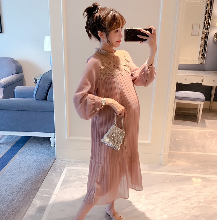 เดรสคลุมท้องแฟชั่นแขนยาว ผ้าชีฟอง คอลูกไม้ ช่วงไหล่ซีทรู พรีททั้งชุด มีซับใน M L XL,XXL