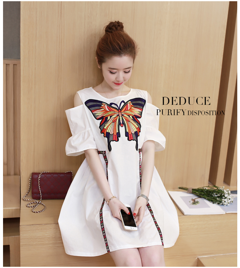 เดรสคนท้องเปิดไหล่ ผ้าฝ้ายเนื้อละเอียด ผีเสื้อใหญ่ สวยค่ะ M,L,XL,XXL