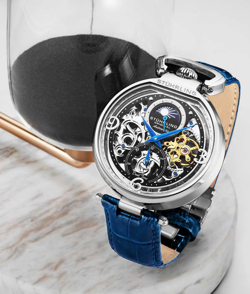 Stuhrling Original 889.01 นาฬิกาผู้ชาย Stuhrling Original รุ่น 889.01, Modena Automatic Dual Time Skeleton Blue Genuine Leather Strap Men's Watch